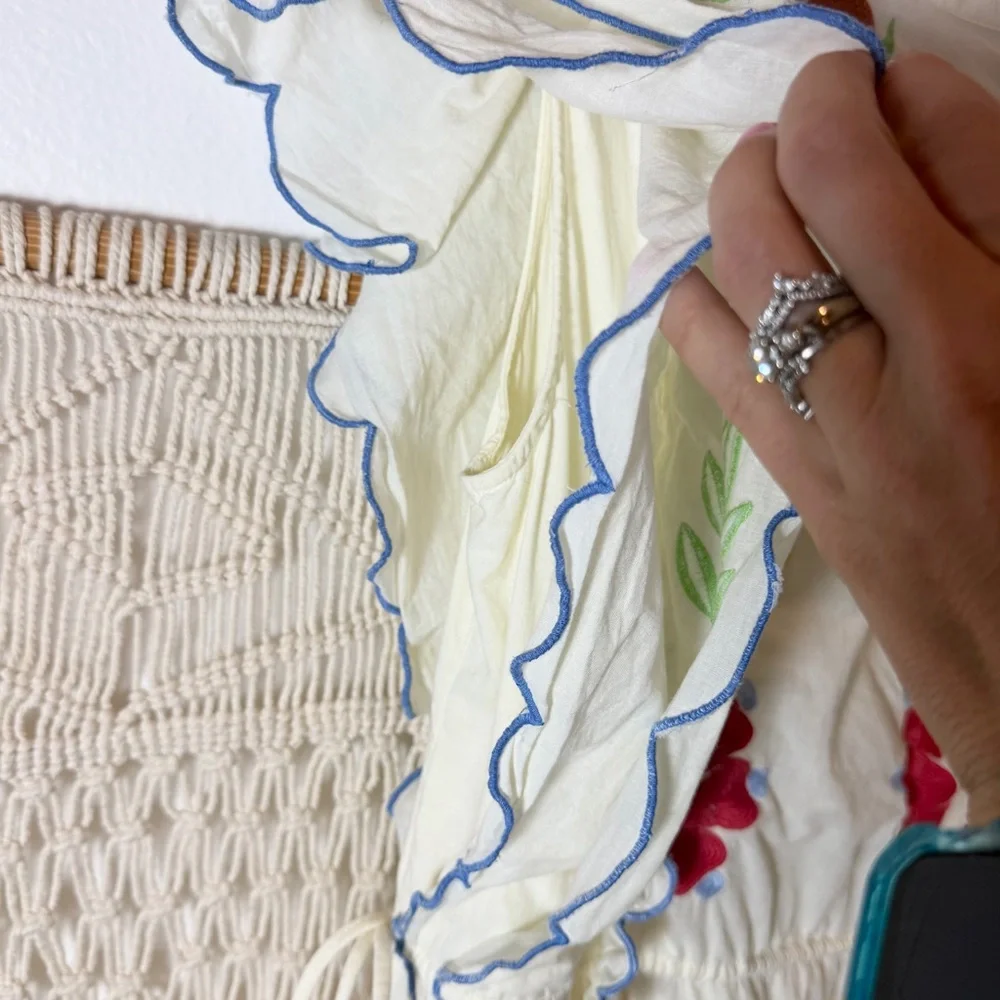Farm Rio Anthropologie Garden Southern Cute Embroidered Cream Fruit Fern Dress S - Picture 11 of 13